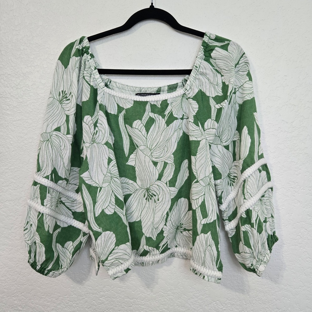 Tahari Linen Floral Blouse Women's Medium Green Balloon Sleeve Top